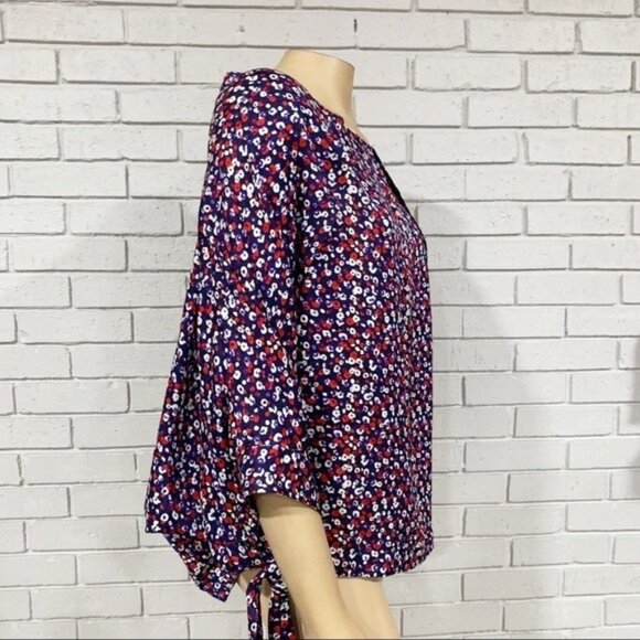 Derek Lam Silk Poppy Print Blouse Size 14 NWT – Raglan Tie‑Cuff Made in Italy - Picture 8 of 12